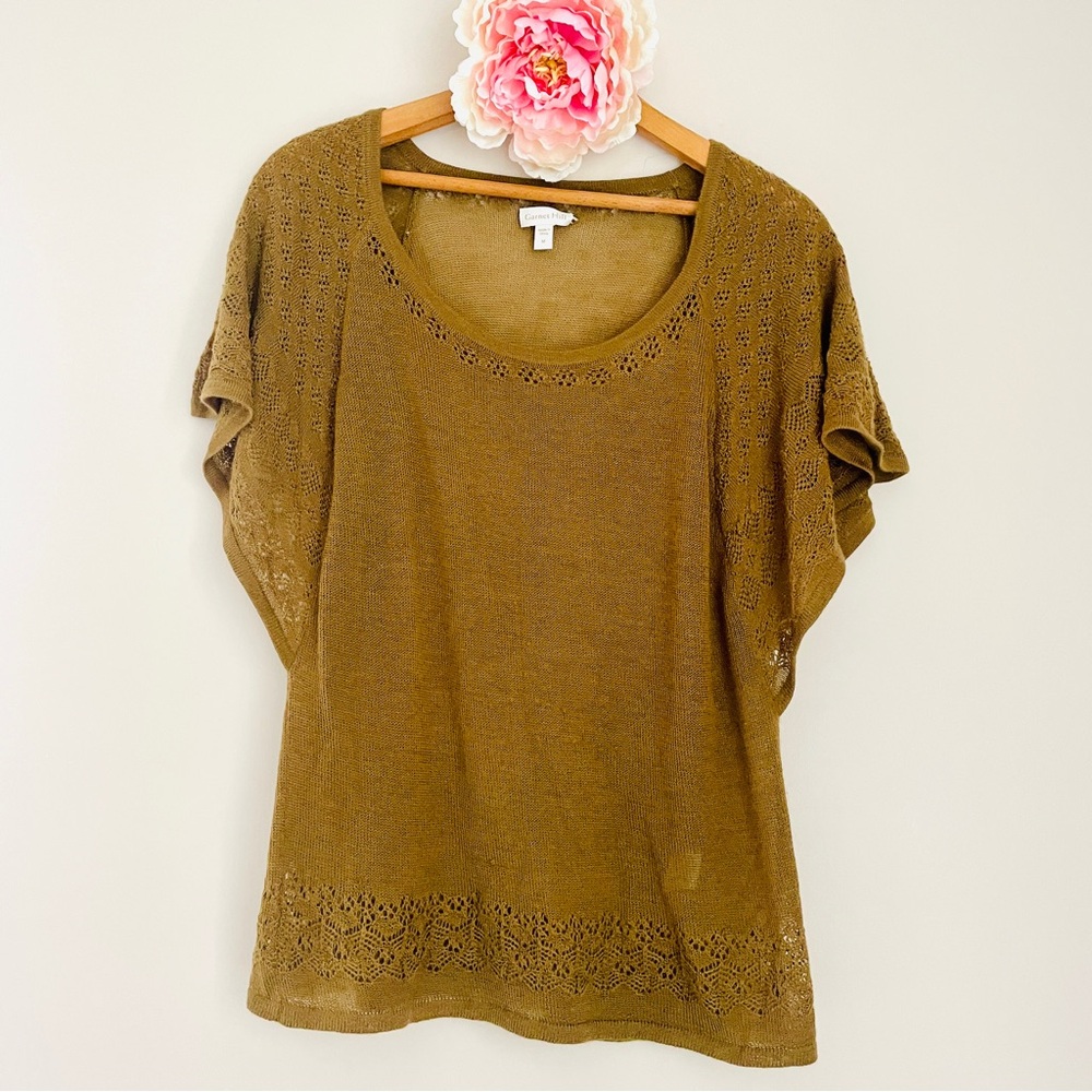 Garnet Hill Short Sleeve Open Weave Lace Detail Cashmere Sweater Medium